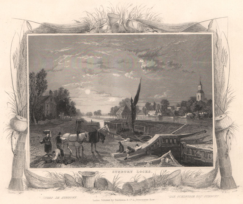 'Sunbury Locks'. Surrey. Decorative view by William TOMBLESON 1835 old print